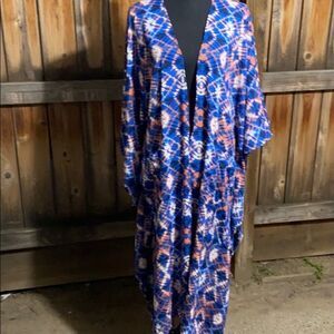 LulaRoe cardigan kimono maxi pockets blue red white geometric Sz S/M